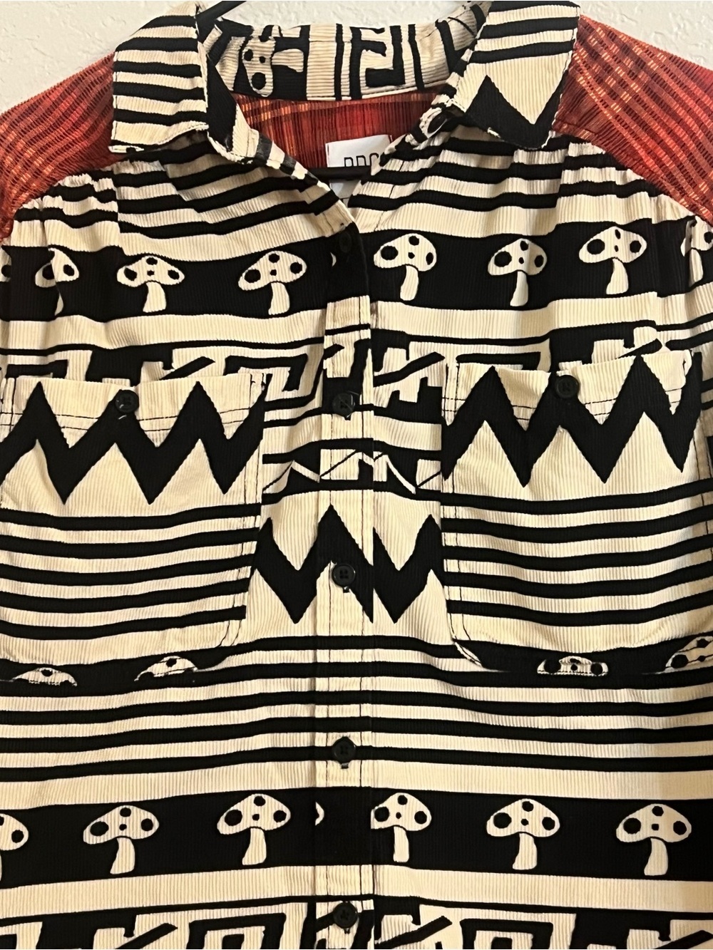 BDG mushroom Striped Graphic Button-Up Shirt natural boho prairie boxy geometric - Picture 3 of 10